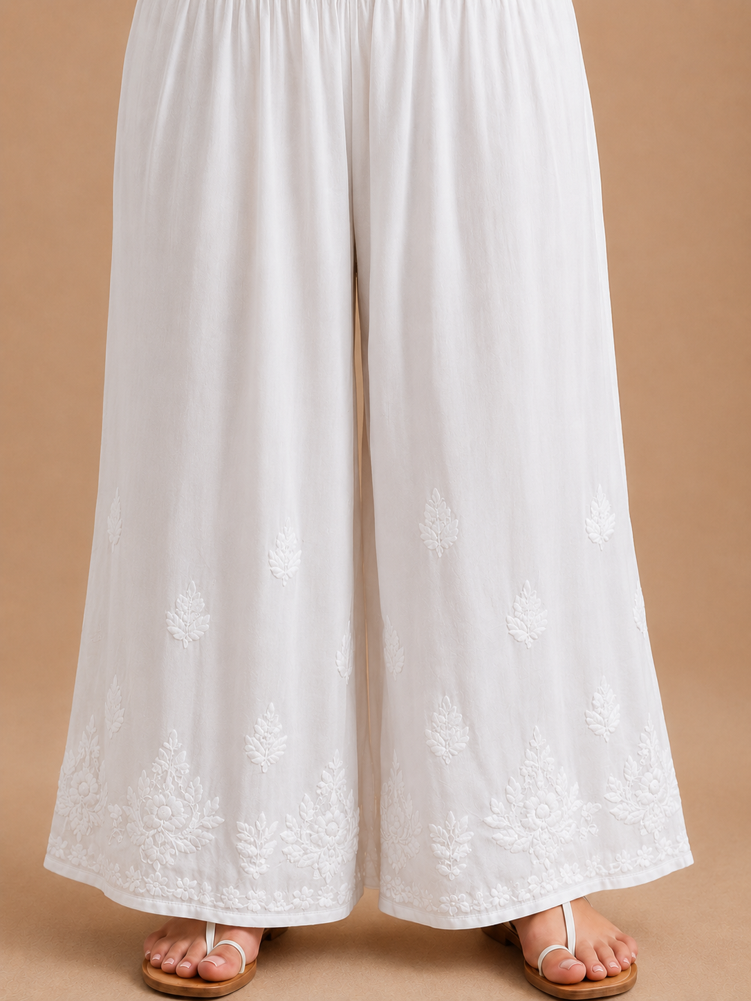 Petal Modal Chikankari Wide Leg Palazzo - White