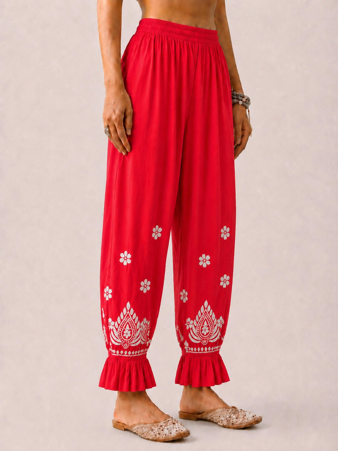 Rayon Chikankari Frill Pant - Red
