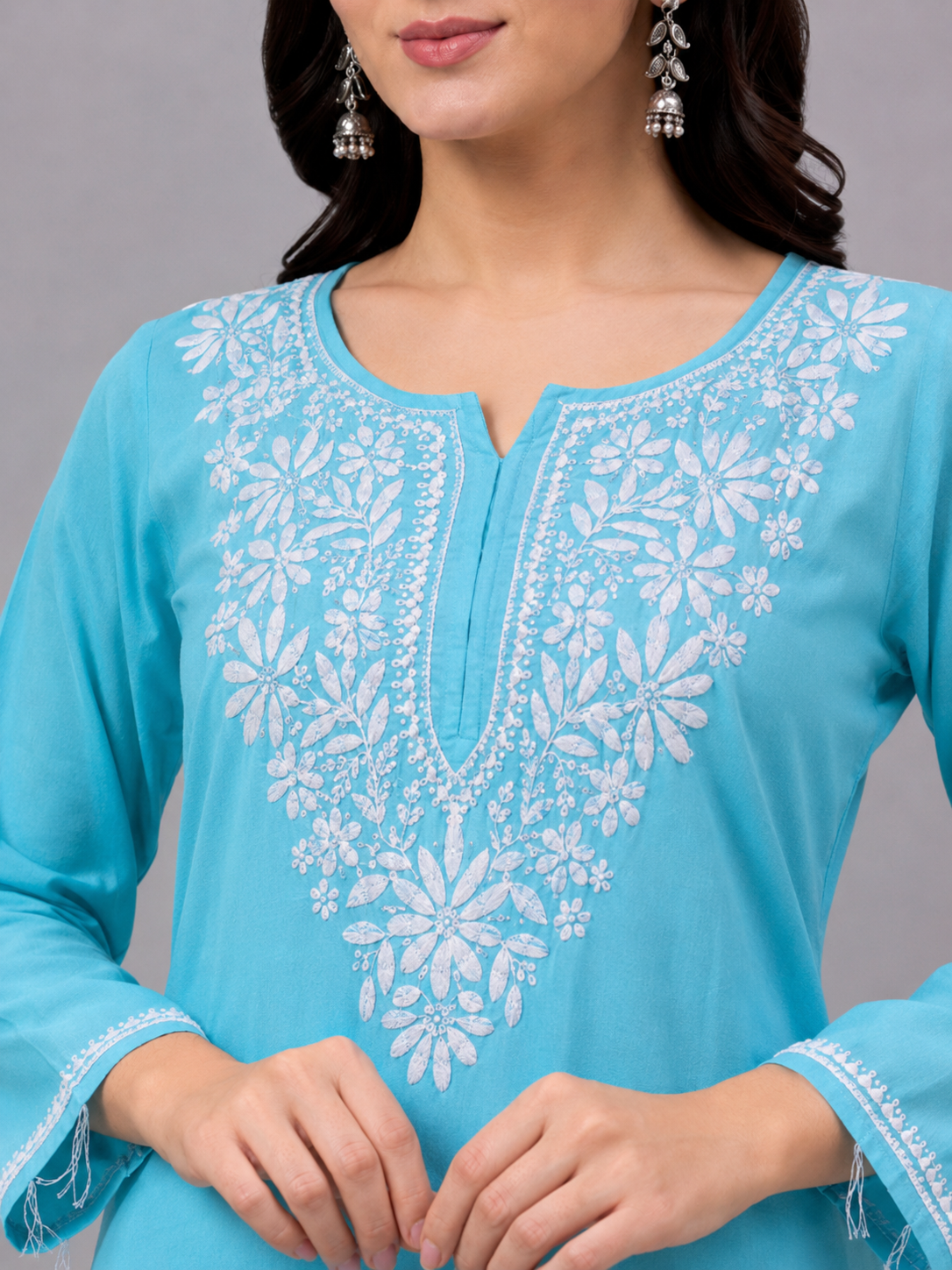 Rayon Chikankari Straight Kurti - Sky Blue
