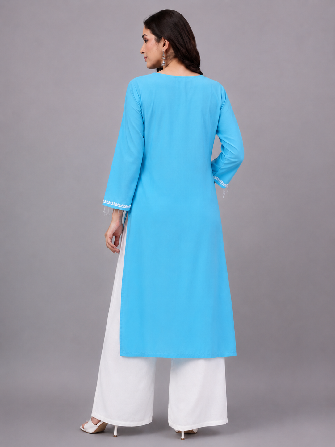 Rayon Chikankari Straight Kurti - Sky Blue