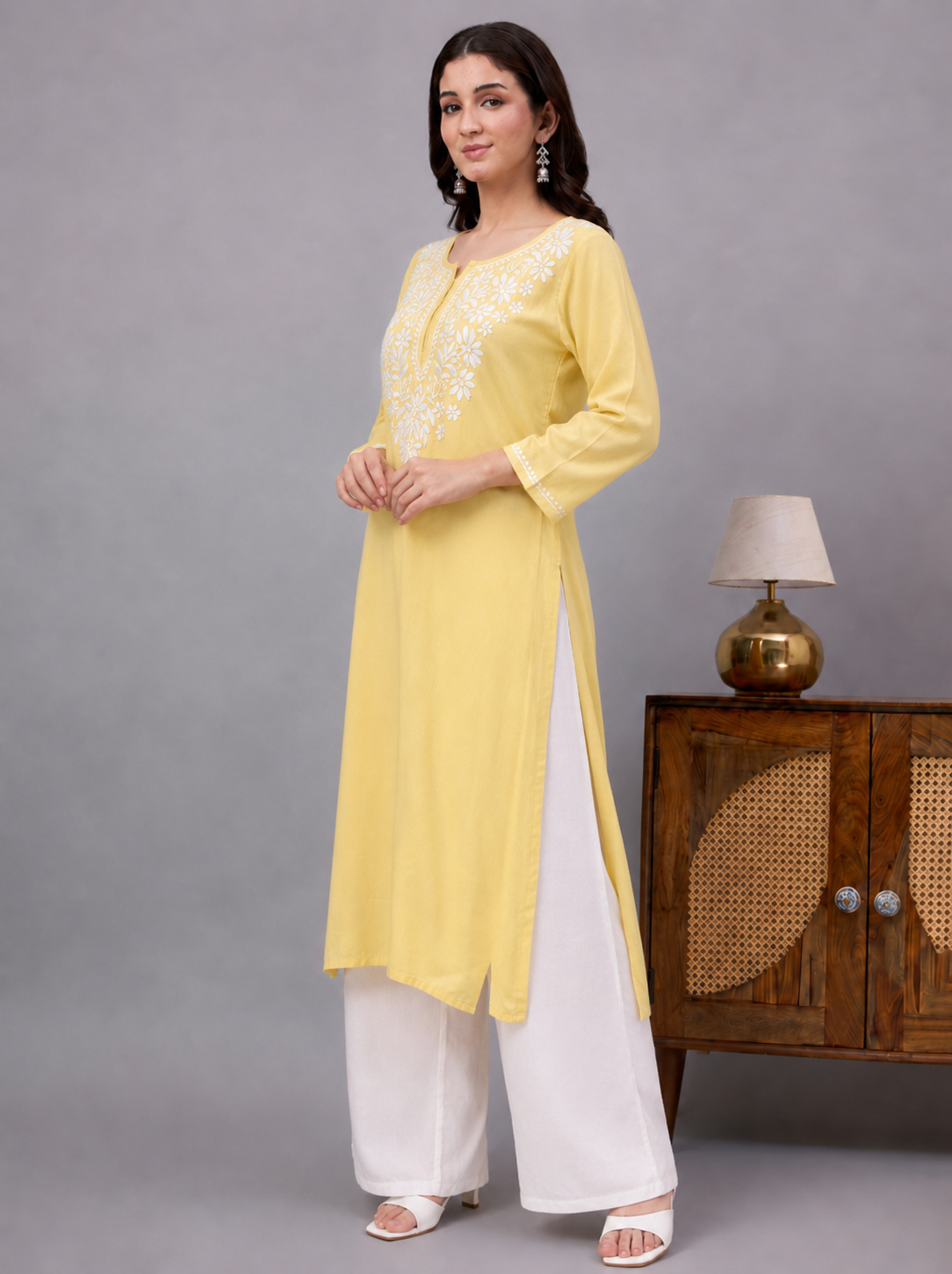 Rayon Chikankari Straight Kurti - Lime Yellow