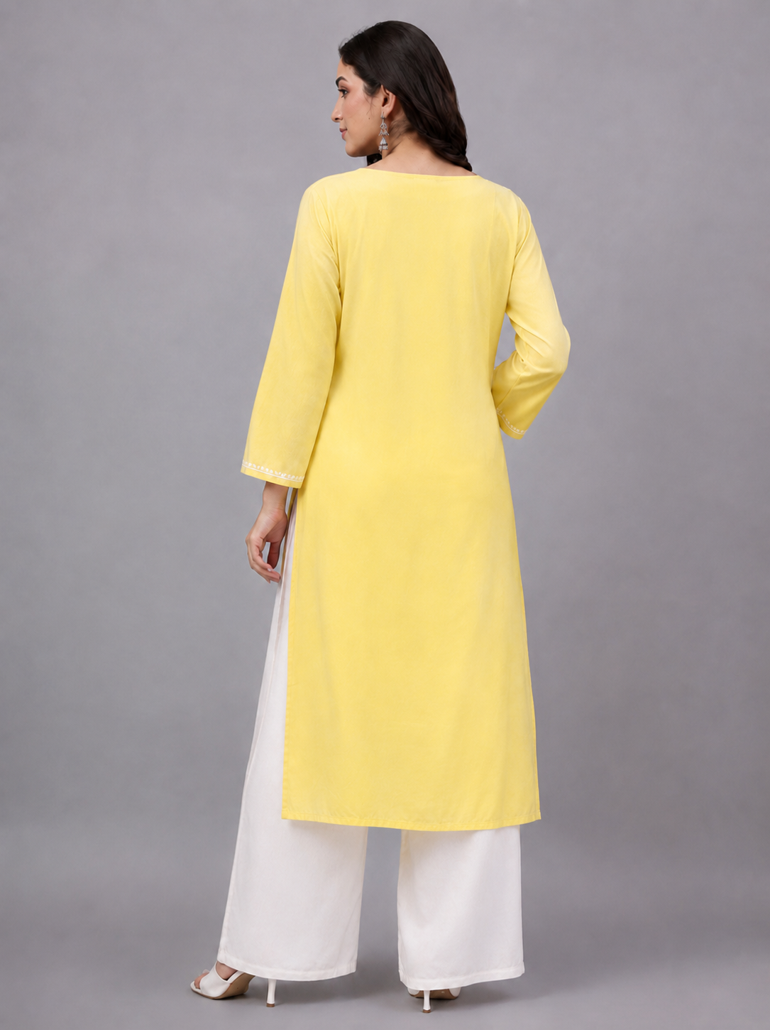 Rayon Chikankari Straight Kurti - Lime Yellow