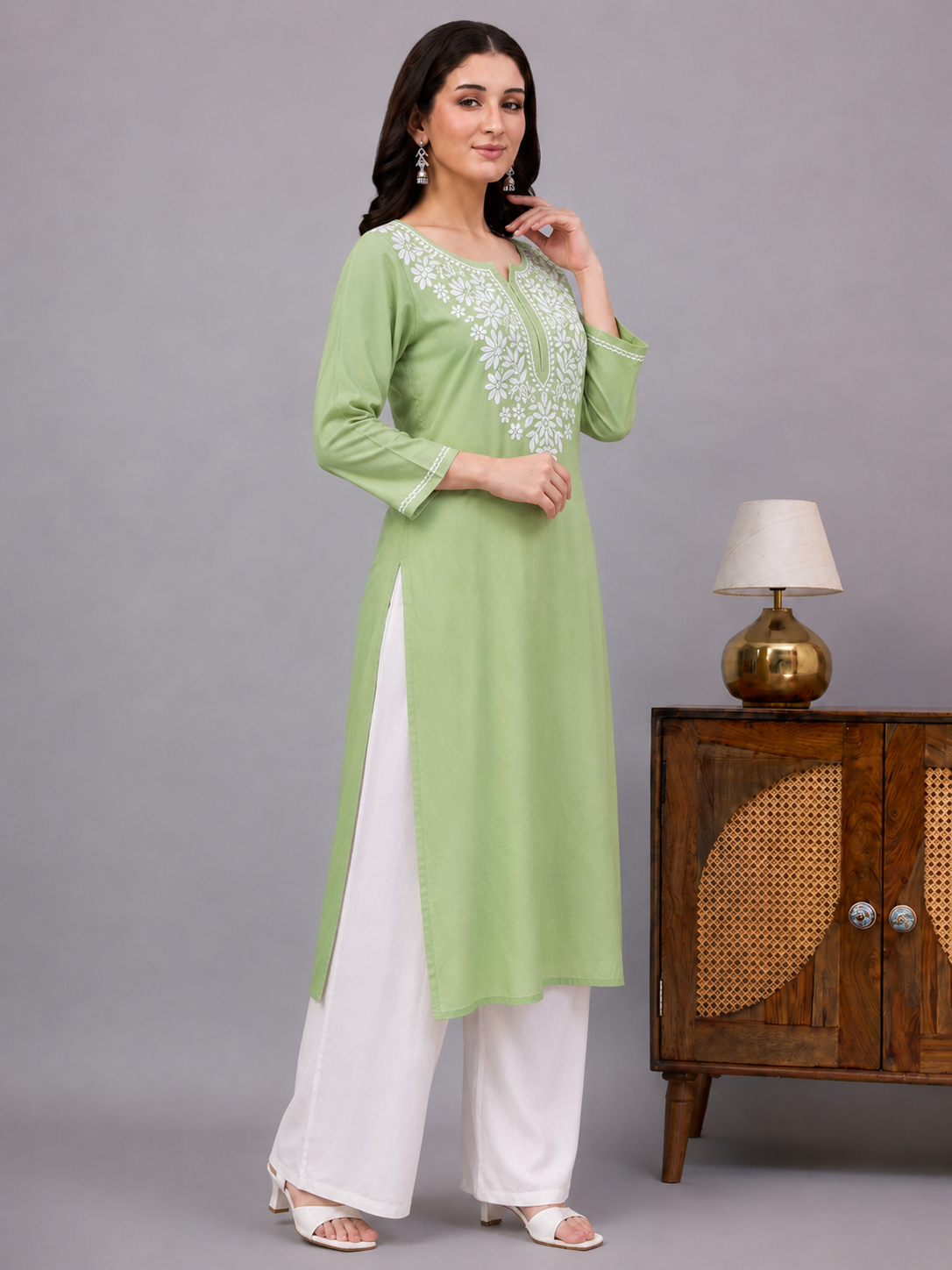 Rayon Chikankari Straight Kurti - Pista Green