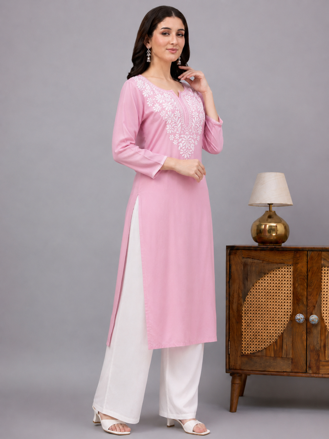 Rayon Chikankari Straight Kurti - Baby Pink
