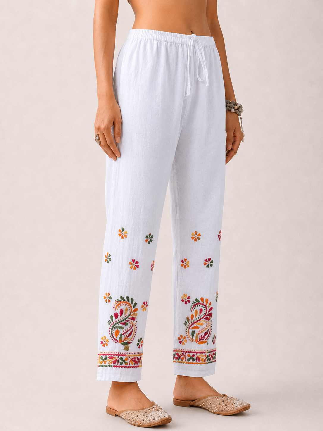 Floral Lycra Straight Chikankari Pant - White Multi