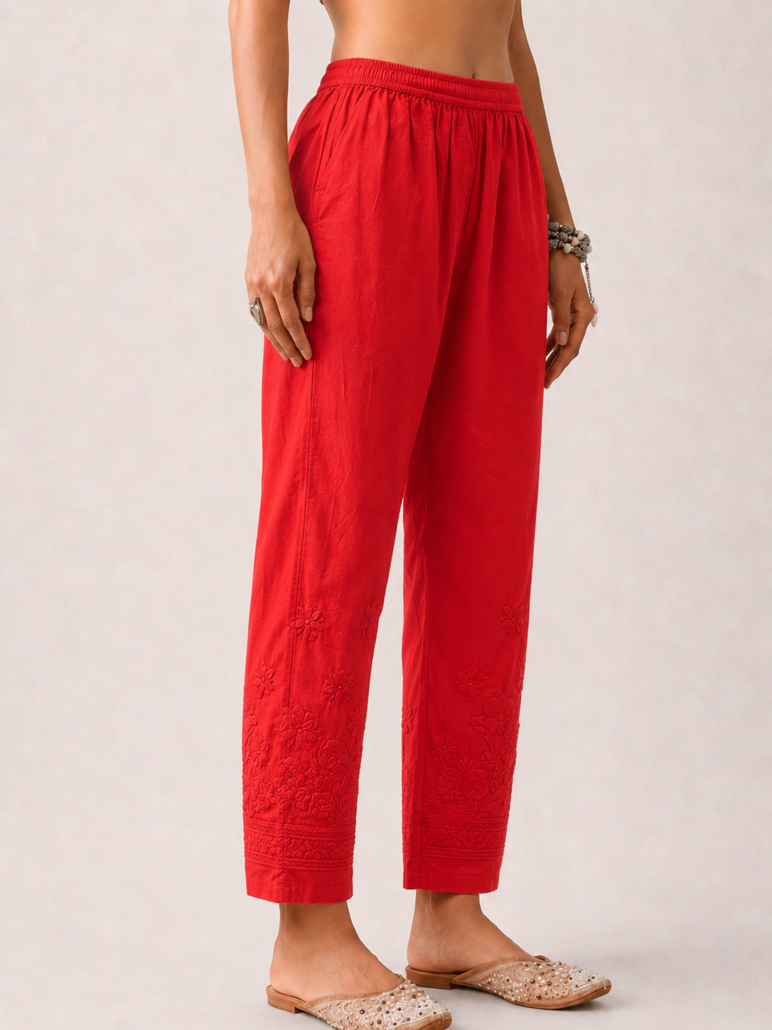 Lycra Straight Chikankari Pant - Red