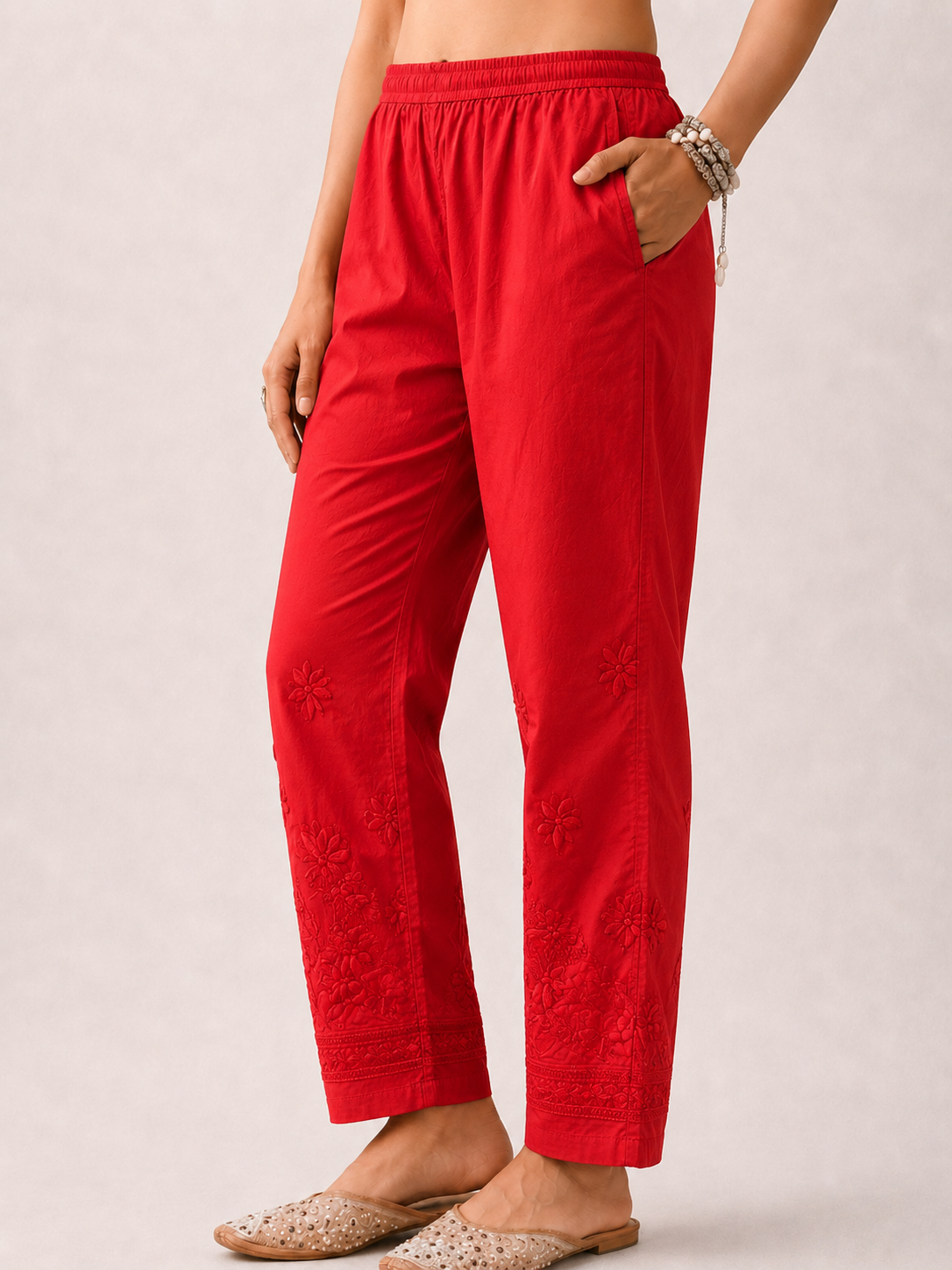 Lycra Straight Chikankari Pant - Red