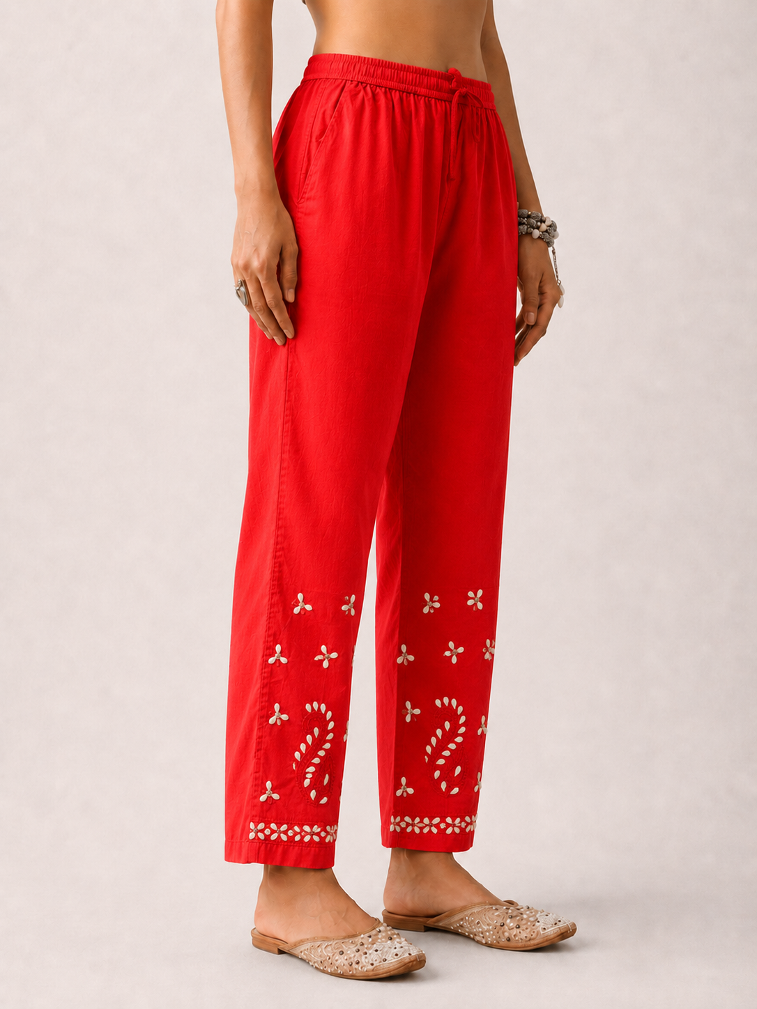Mayuri Lycra Straight Chikankari Cigarette Pant with Gota Patti - Red