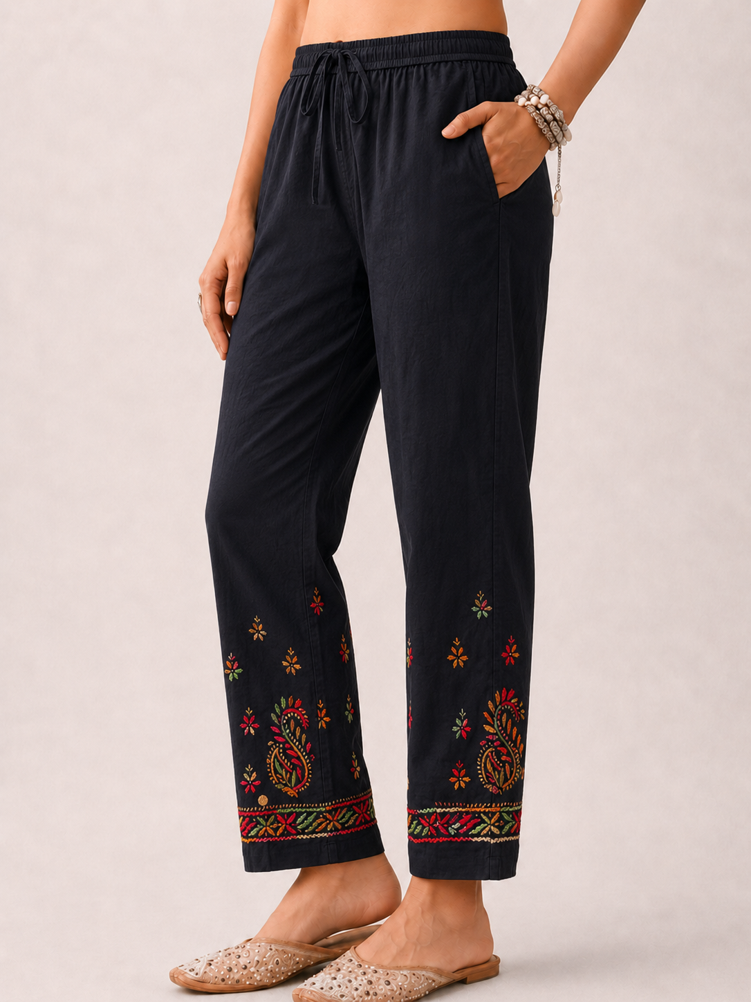 Mayuri Lycra Straight Chikankari Pant - Black Multi