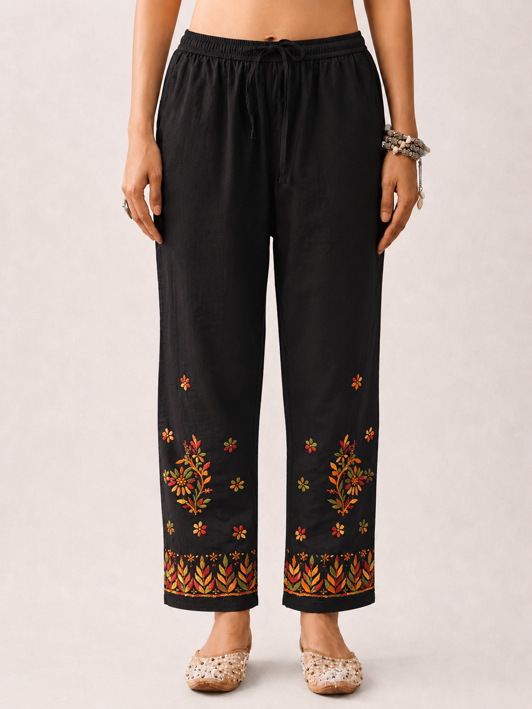 Floral Lycra Straight Chikankari Pant - Black Multi