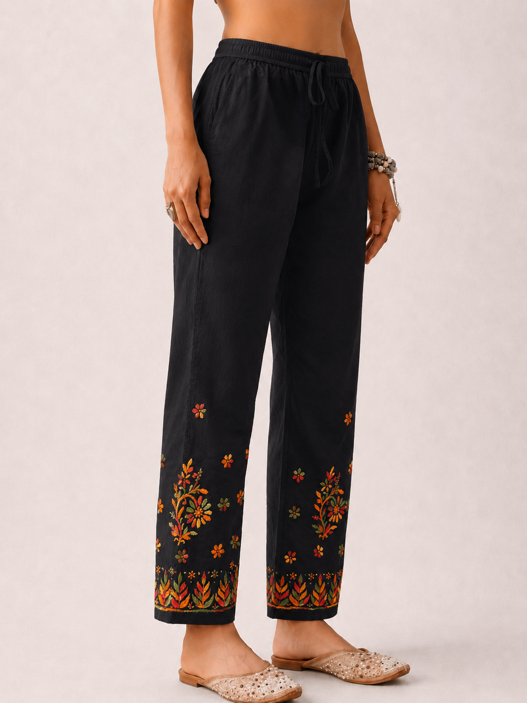 Floral Lycra Straight Chikankari Pant - Black Multi