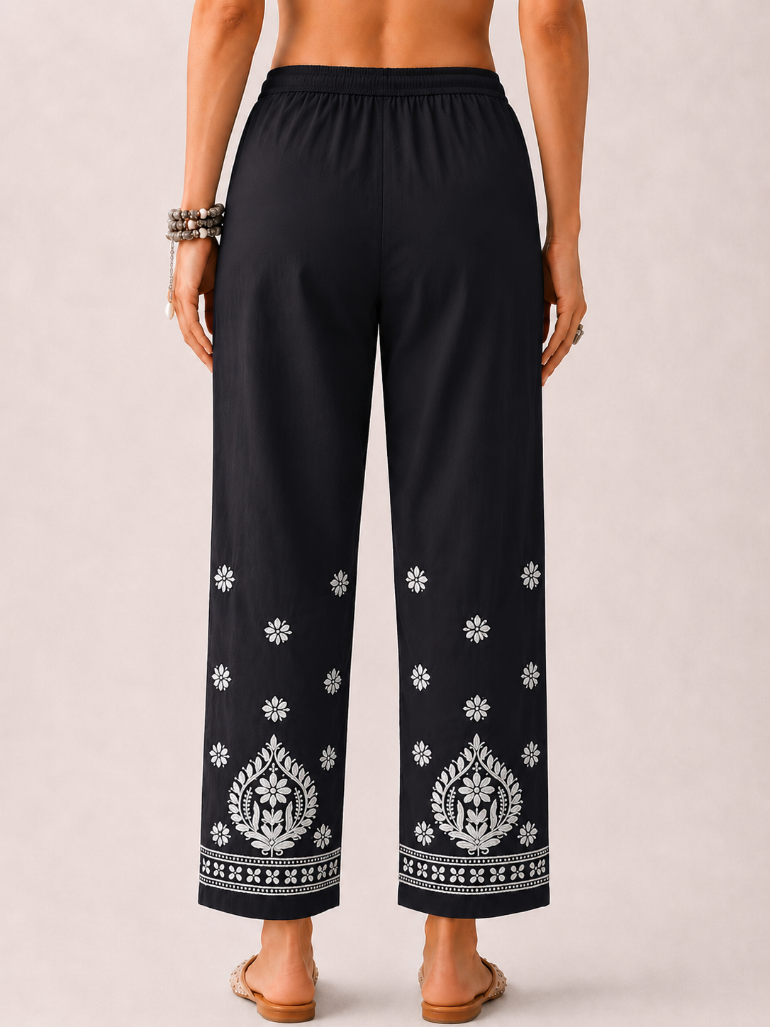 Floral Lycra Straight Chikankari Pant - Black