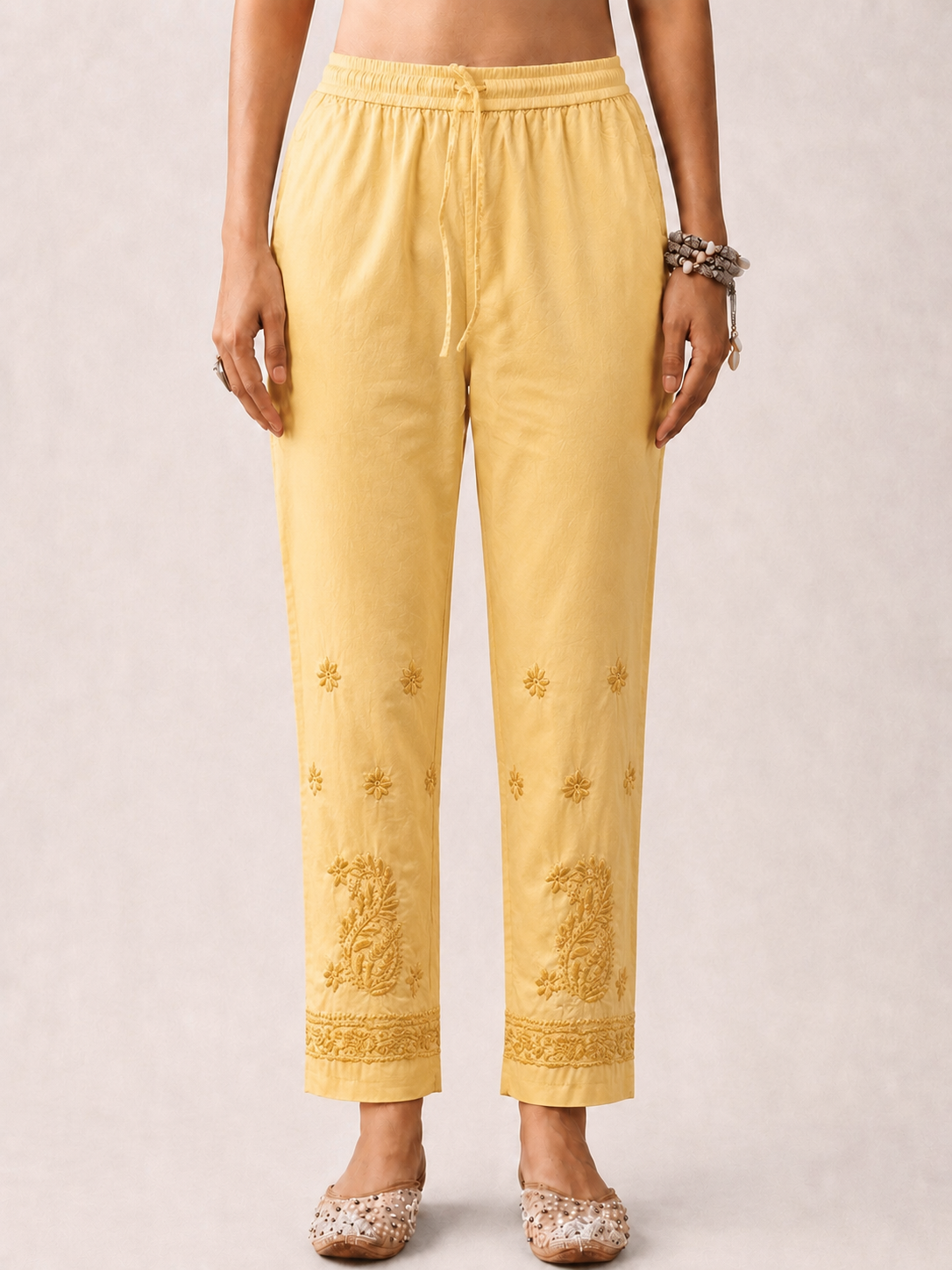 Mayuri Lycra Straight Chikankari Cigarette Pant - Yellow