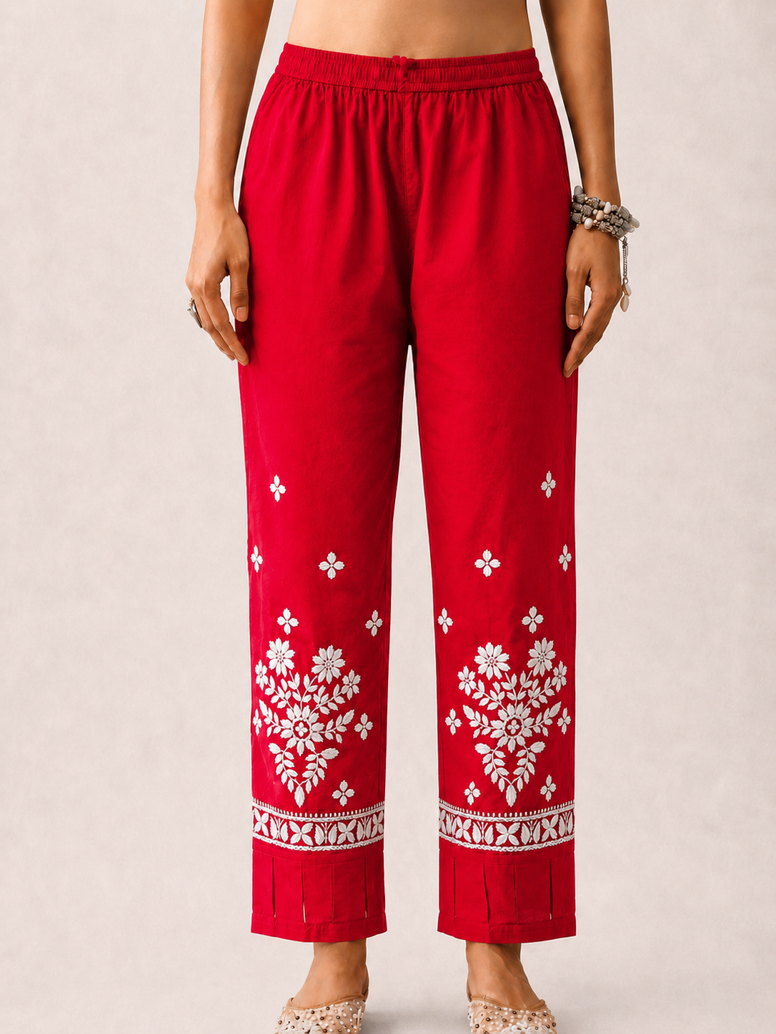 Lycra Straight Chikankari Pant with Cutwork - Red
