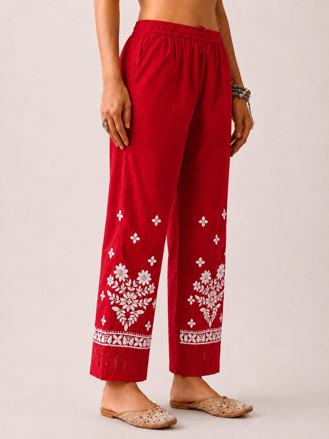 Lycra Straight Chikankari Pant with Cutwork - Red