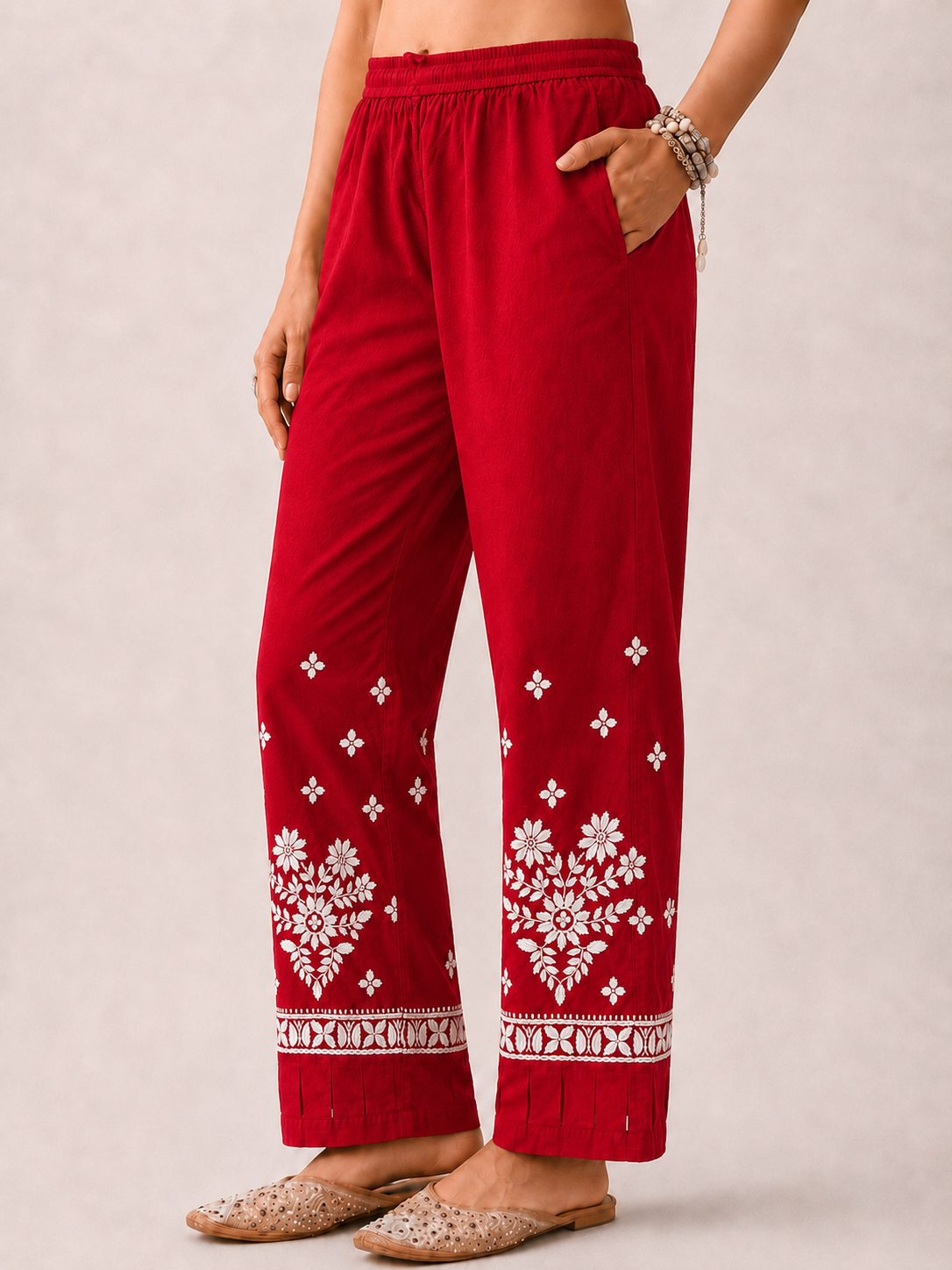 Lycra Straight Chikankari Pant with Cutwork - Red