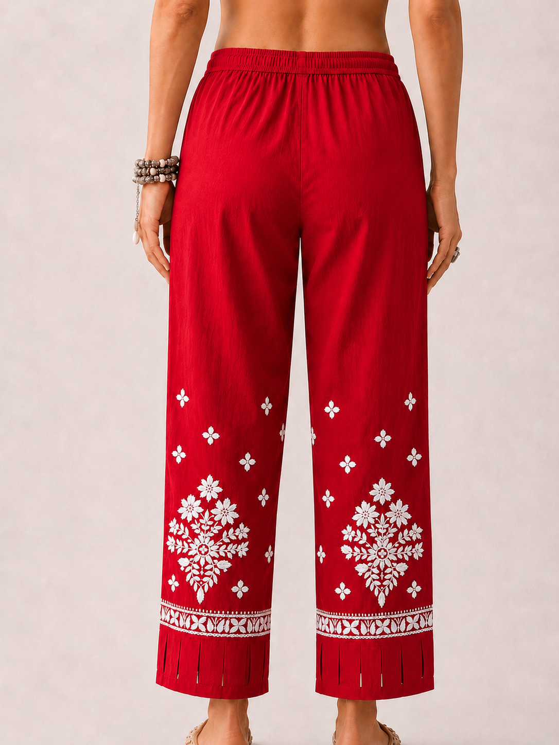 Lycra Straight Chikankari Pant with Cutwork - Red