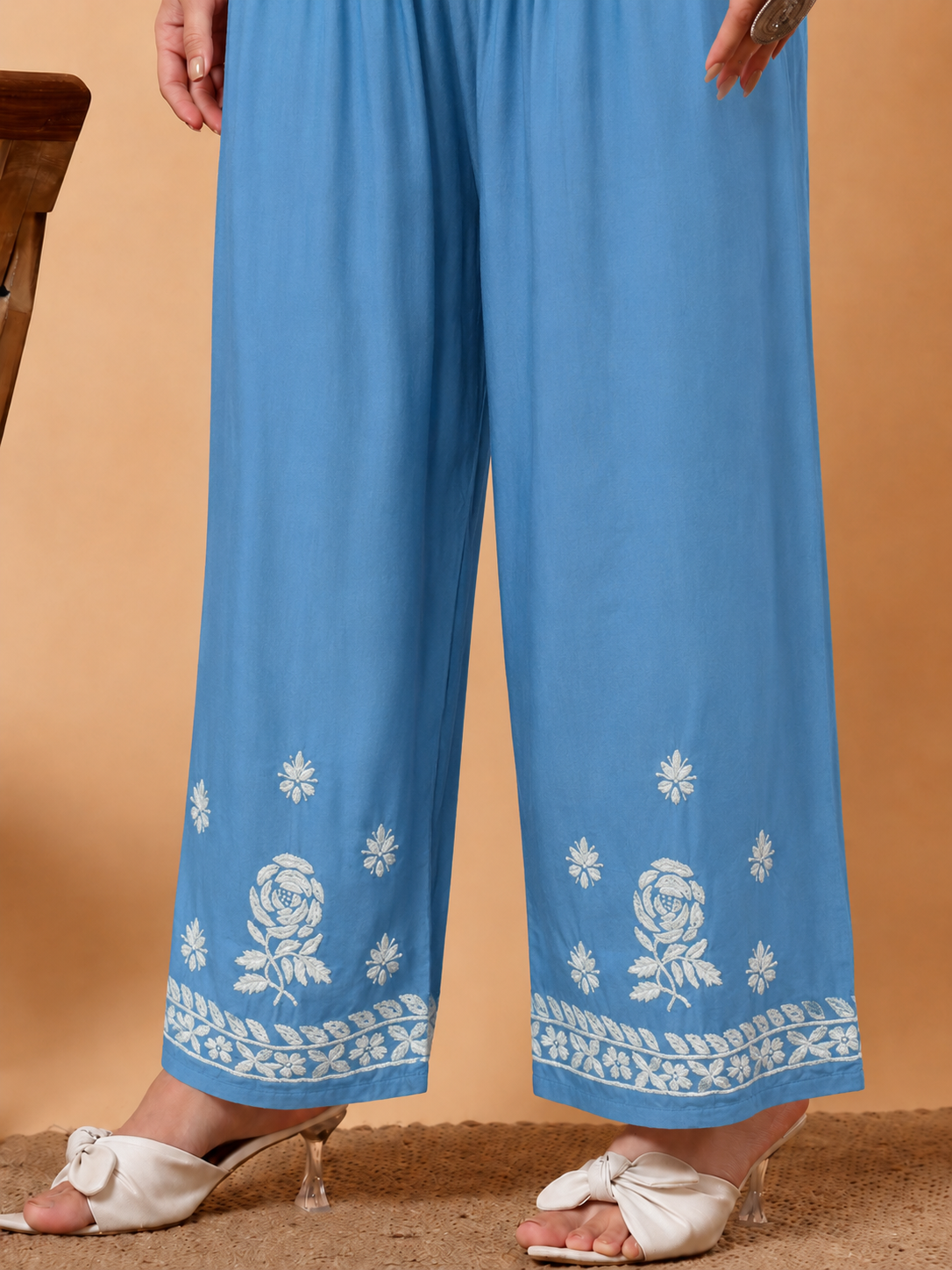 Modal Chikankari Straight Palazzo - Sky Blue