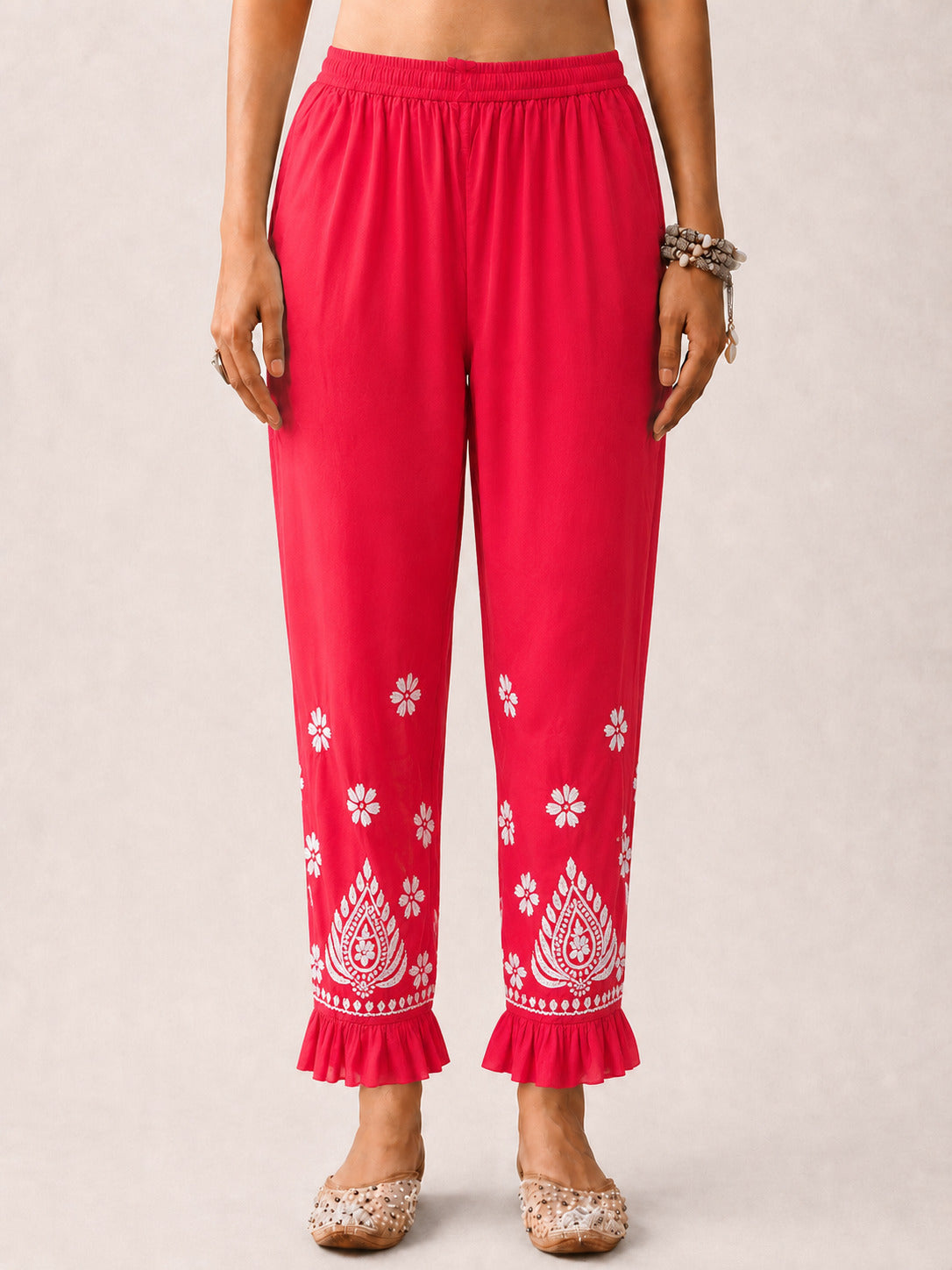 Rayon Chikankari Frill Pant - Red