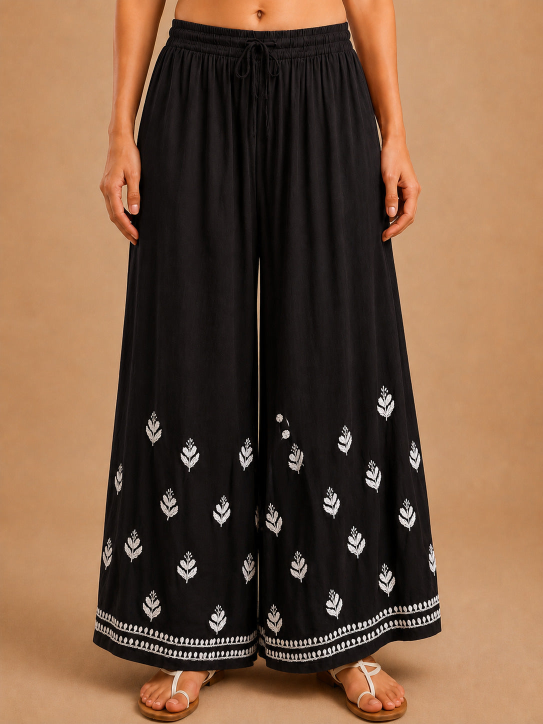 Rayon Chikankari Wide Leg Palazzo - Black