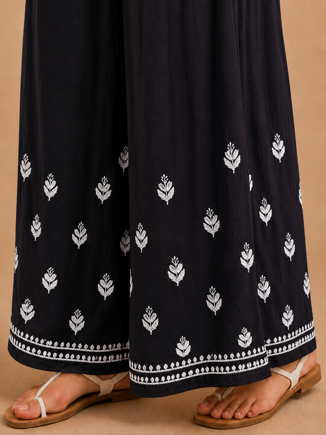 Rayon Chikankari Wide Leg Palazzo - Black