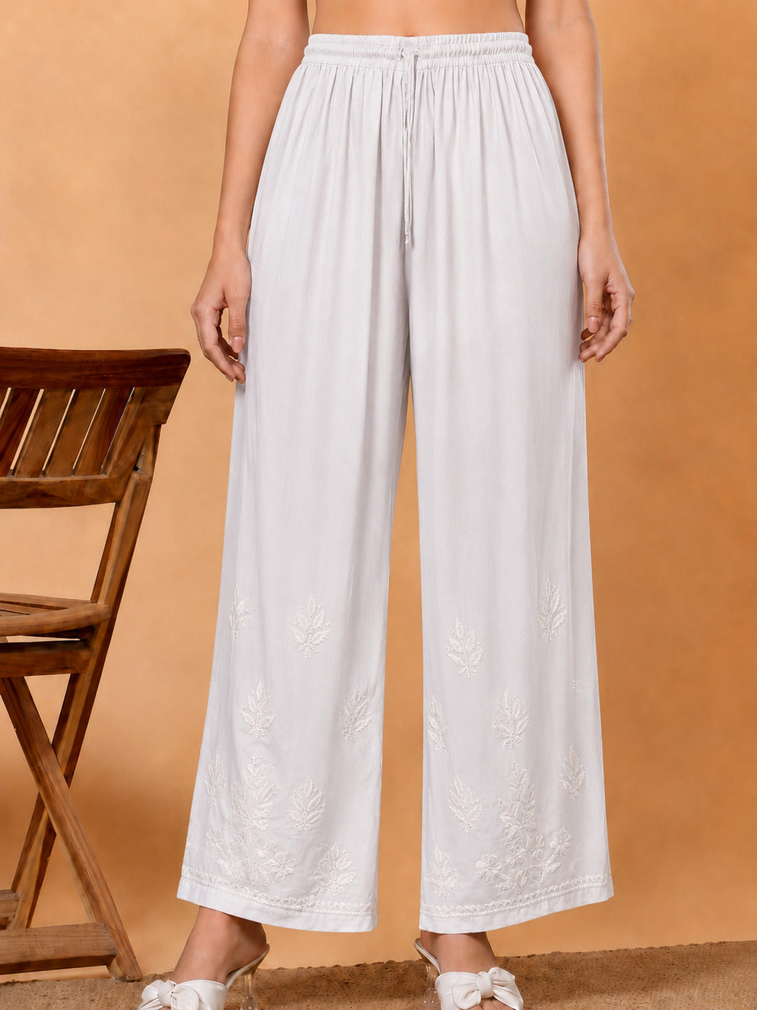 Rayon Chikankari Straight Palazzo - White