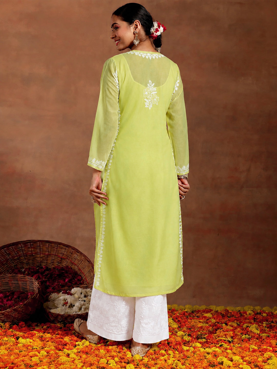 Chhavi Cotton Chikankari Straight Kurti with inner, crafted in lightweight breathable cotton for office wear, casual outings and comfortable daily use.