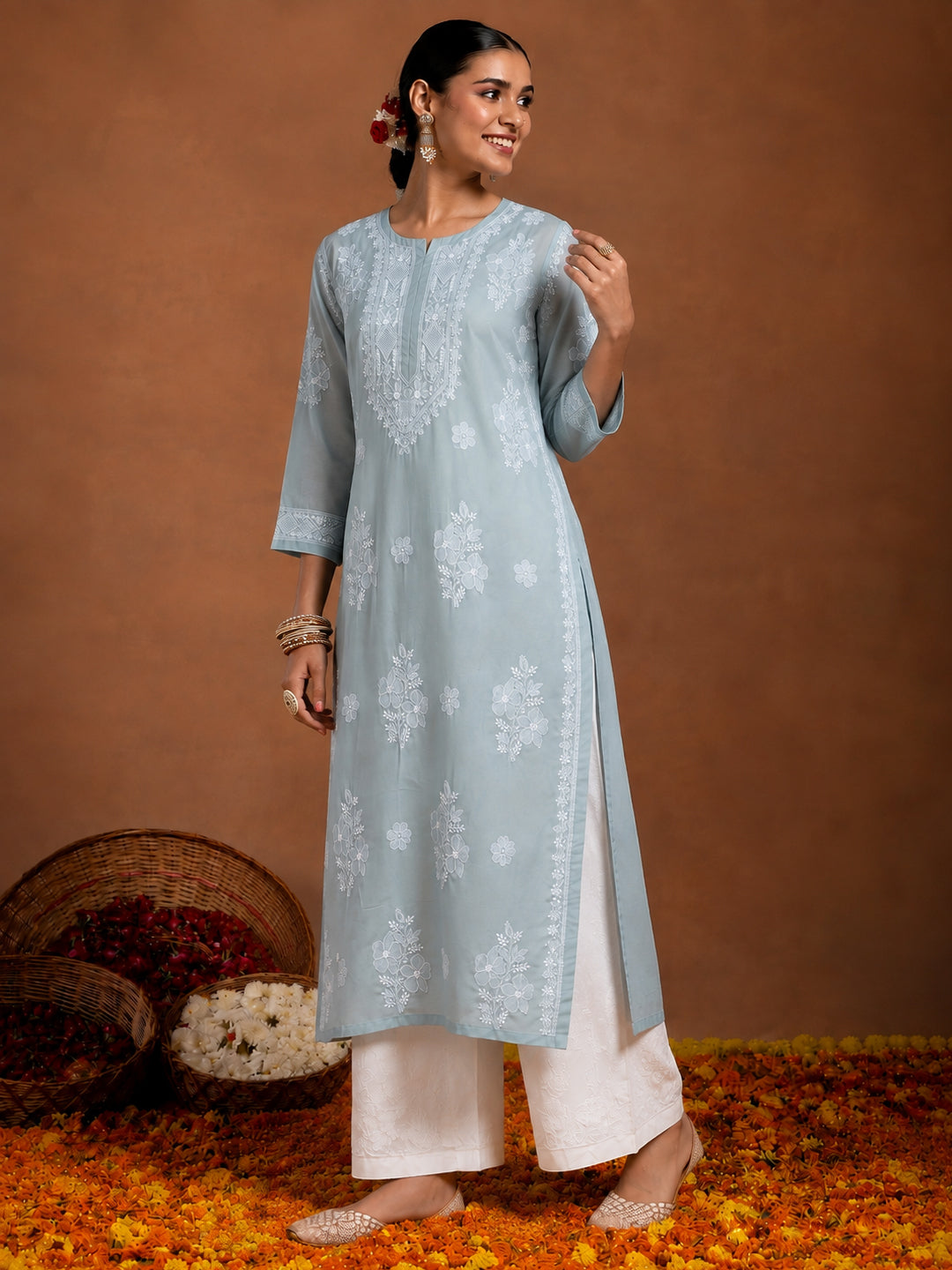 Chhavi Cotton Straight Kurti with traditional Chikankari motifs, three-quarter sleeves and comfortable inner, designed for effortless everyday ethnic fashion.