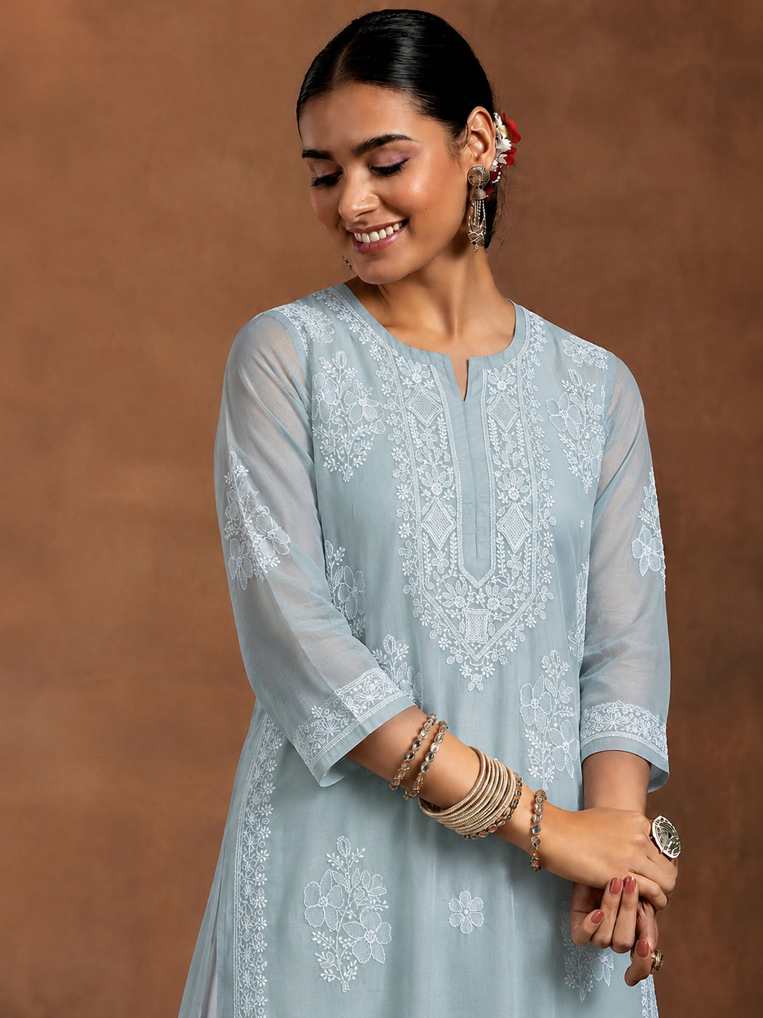 Chhavi Cotton Straight Kurti for women with delicate floral Chikankari work, comfortable straight fit and inner, suitable for office, college and casual wear.