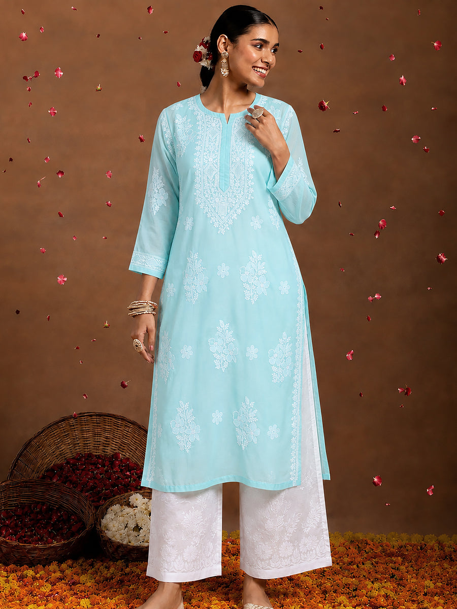 Chhavi Cotton Chikankari Straight Kurti with inner - Sea Green
