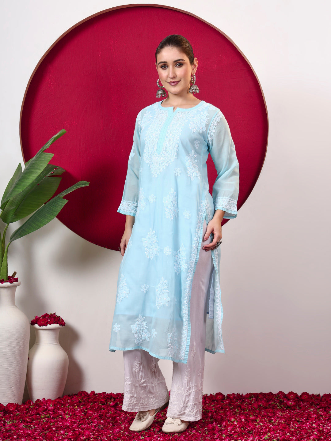 Chhavi Cotton Chikankari Straight Kurti with inner - Sea Green