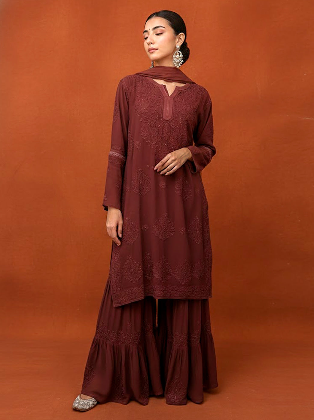 Giva Viscose Chikankari Kurti Garara Set with Dupatta - Choco