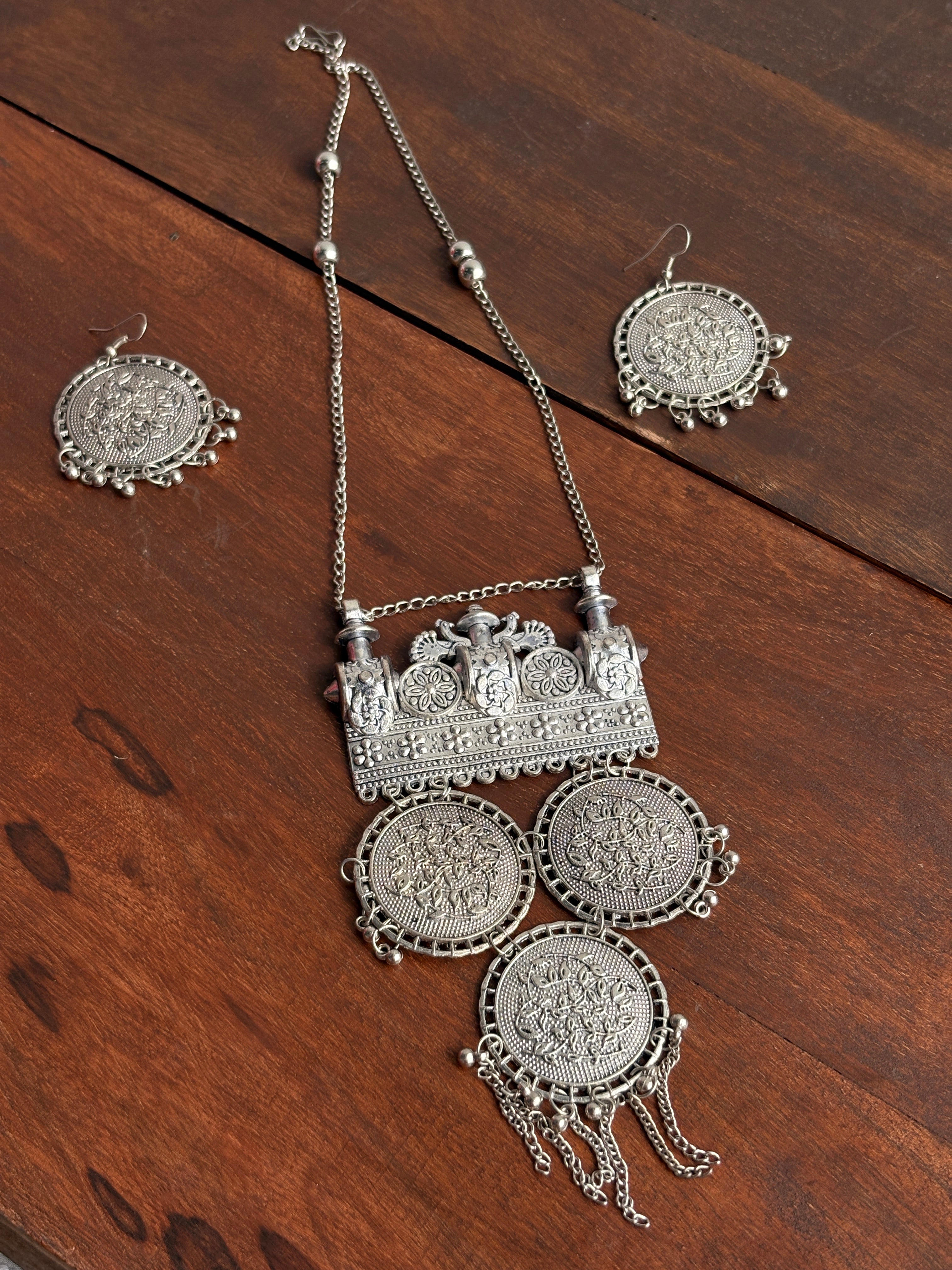 Mudra Oxidised Silver-Tone Coin Statement Necklace & Earrings Set