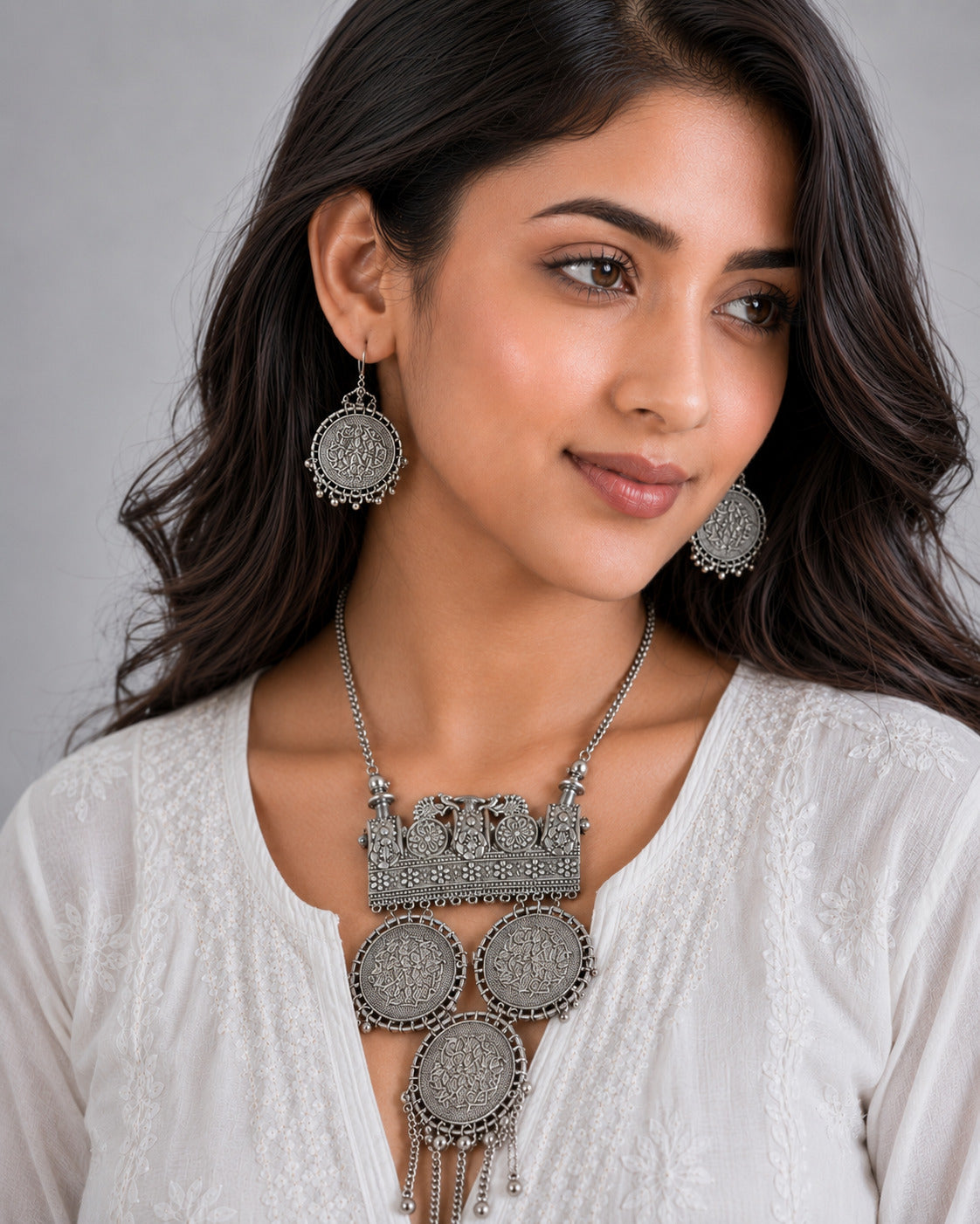 Mudra Oxidised Silver-Tone Coin Statement Necklace & Earrings Set