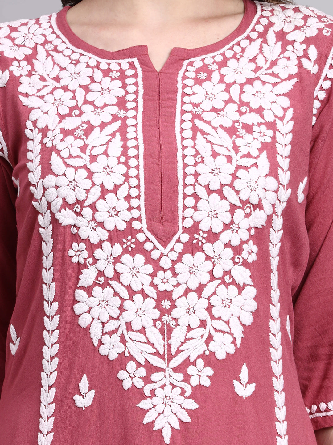 Handmade chikankari long kurta for women crafted in soft rayon fabric with detailed embroidery and comfortable straight cut