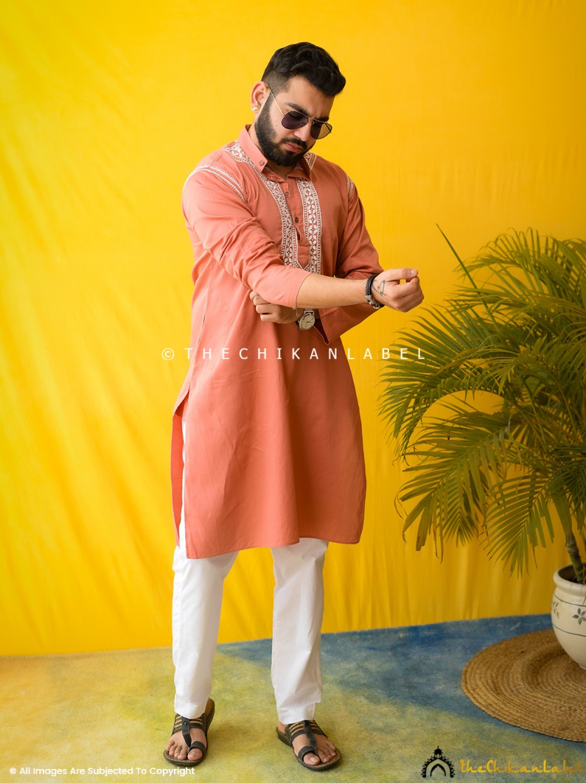 Coral Uman Cotton Chikankari Men's Kurta ,Chikankari Men's Kurta in Cotton Fabric For Men