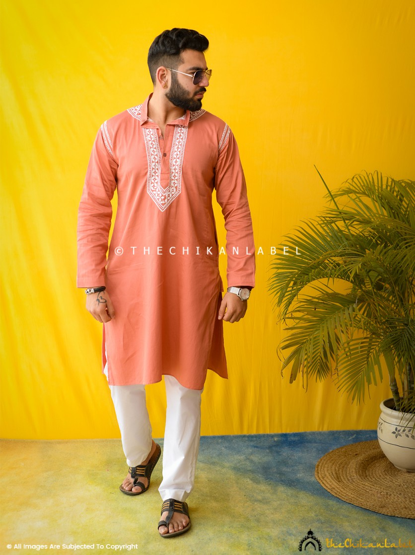 Coral Uman Cotton Chikankari Men's Kurta ,Chikankari Men's Kurta in Cotton Fabric For Men