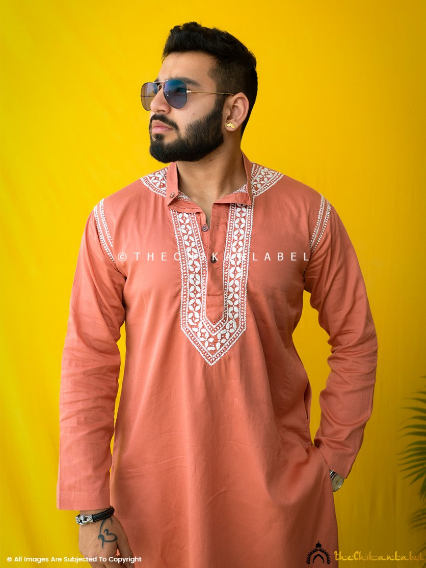 Coral Uman Cotton Chikankari Men's Kurta ,Chikankari Men's Kurta in Cotton Fabric For Men