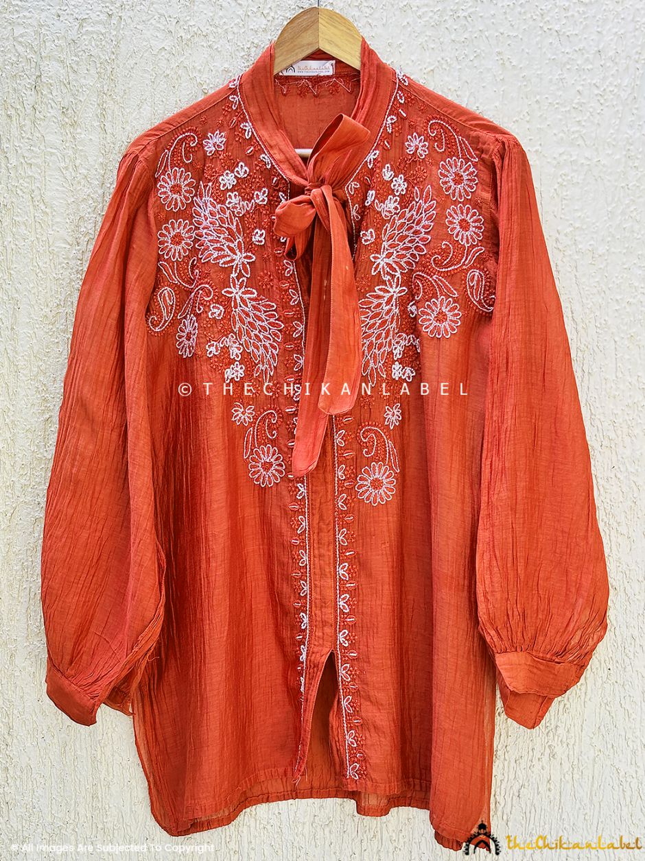 Artisanal Mulmul Chanderi shirt with floral and vine Chikankari motifs perfect for tailoring into festive or formal wear
