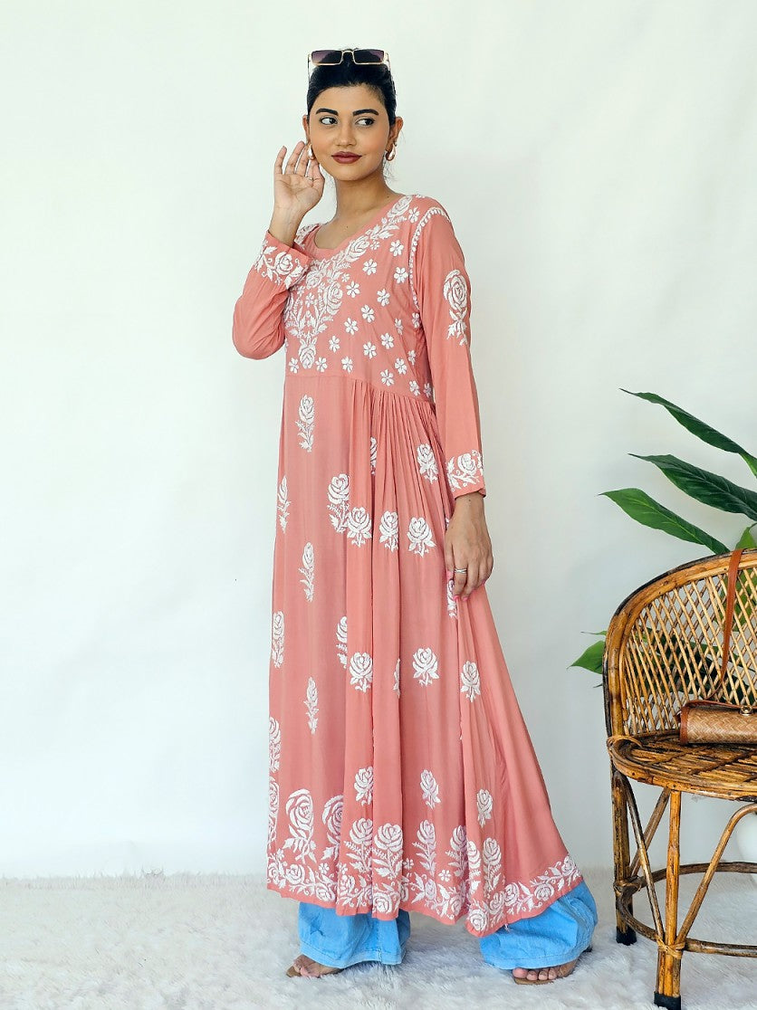 Peach Ria Modal Chikankari Anarkali Kurta