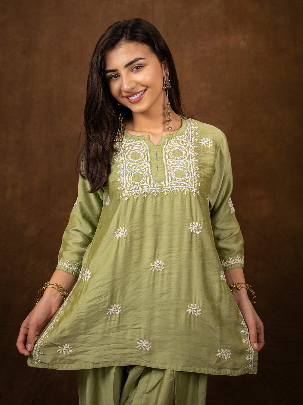 Traditional Indian ethnic wear Dhanvi Chanderi kurti farshi salwar set inspired by classic Lucknow chikankari craftsmanship.