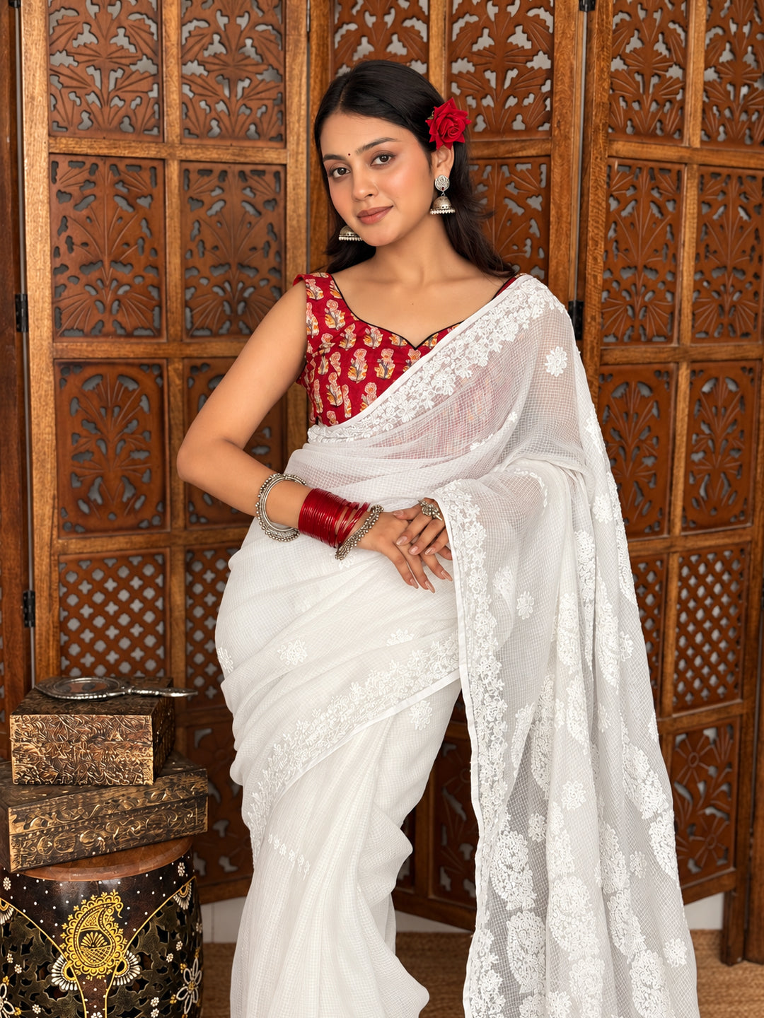 Driti Kota Cotton Chikankari Saree - White