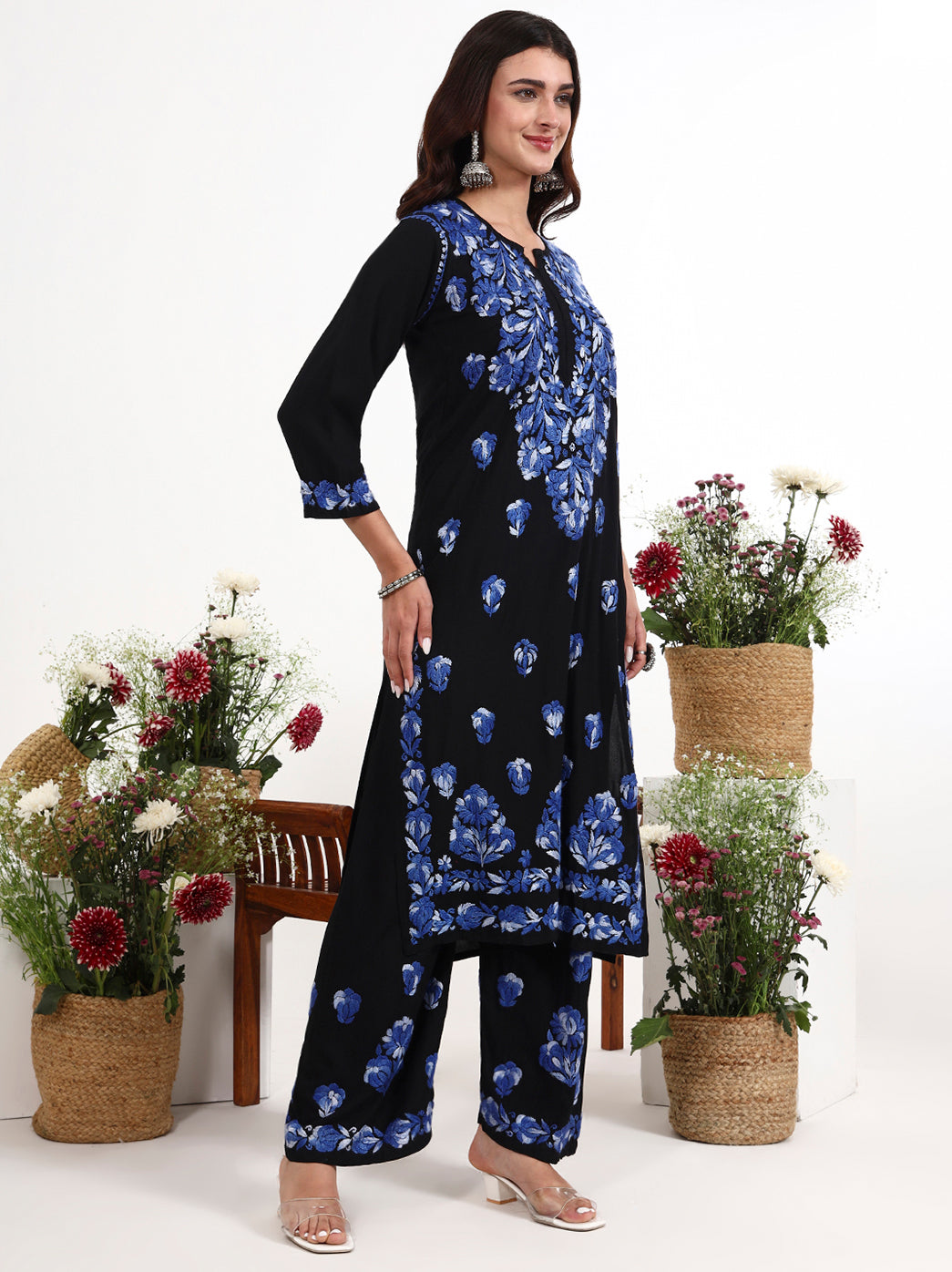 Premium rayon chikankari kurti palazzo set designed for modern ethnic fashion styling