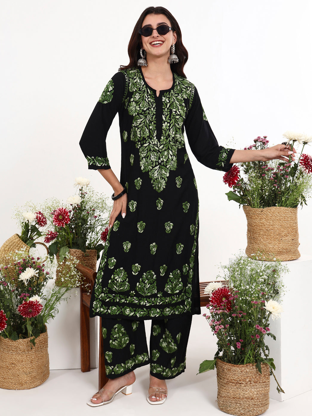 Comfortable rayon chikankari kurti set with matching palazzo for all day wear styling