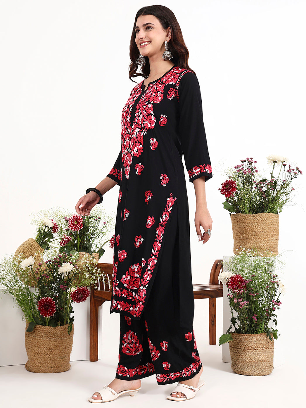Comfortable ethnic wear chikankari kurta set with straight fit kurti and wide palazzo