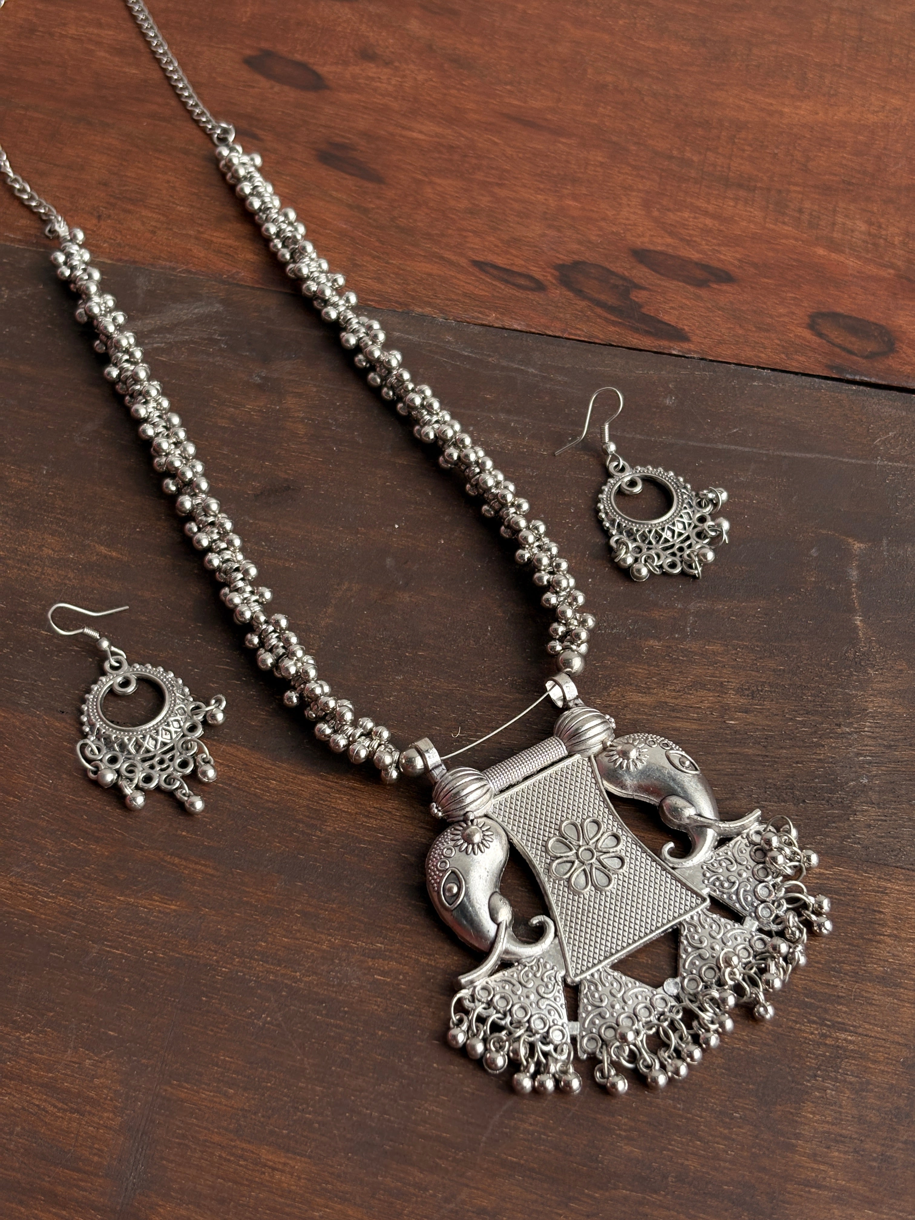 Gajmala Oxidised Silver-Tone Elephant Statement Necklace & Earrings Set