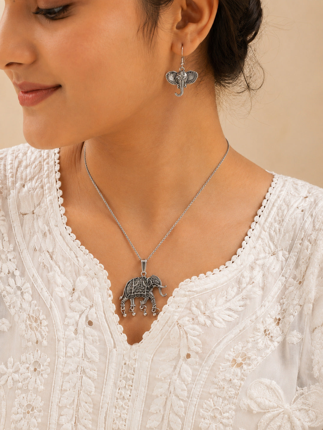 Gajraj Oxidised Silver-Tone Elephant Pendant Necklace & Earrings Set