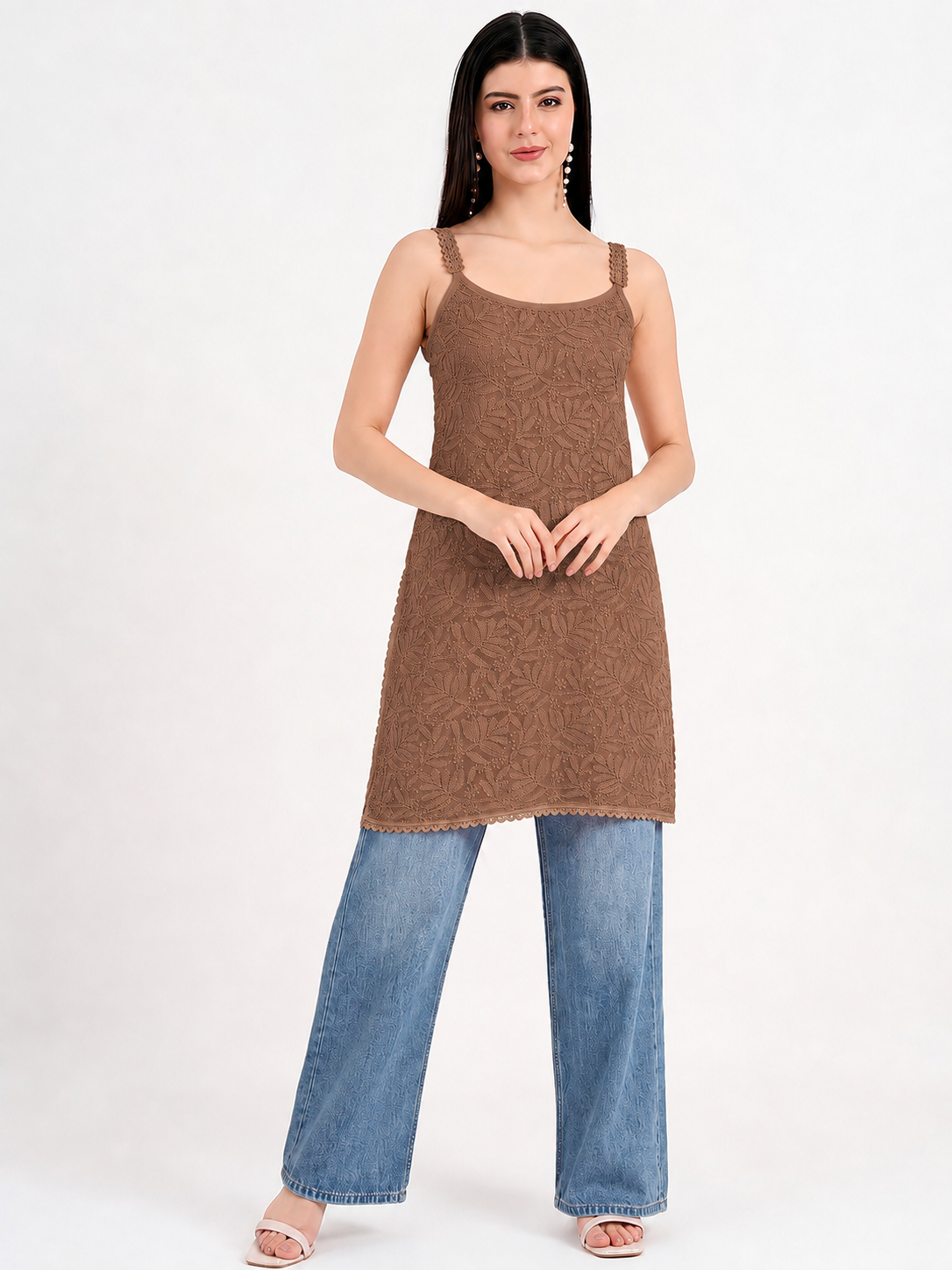 Contemporary Esha Viscose Short Strappy Kurti with detailed floral embroidery and delicate shoulder straps, ideal for styling with denim for an effortless look.
