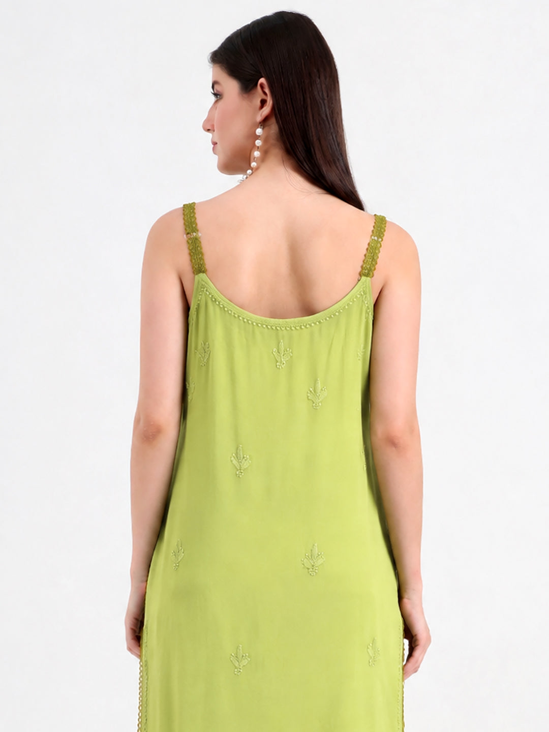 Women’s short strappy kurti with detailed floral embroidery and a comfortable viscose construction, perfect for relaxed daywear and modern casual dressing.