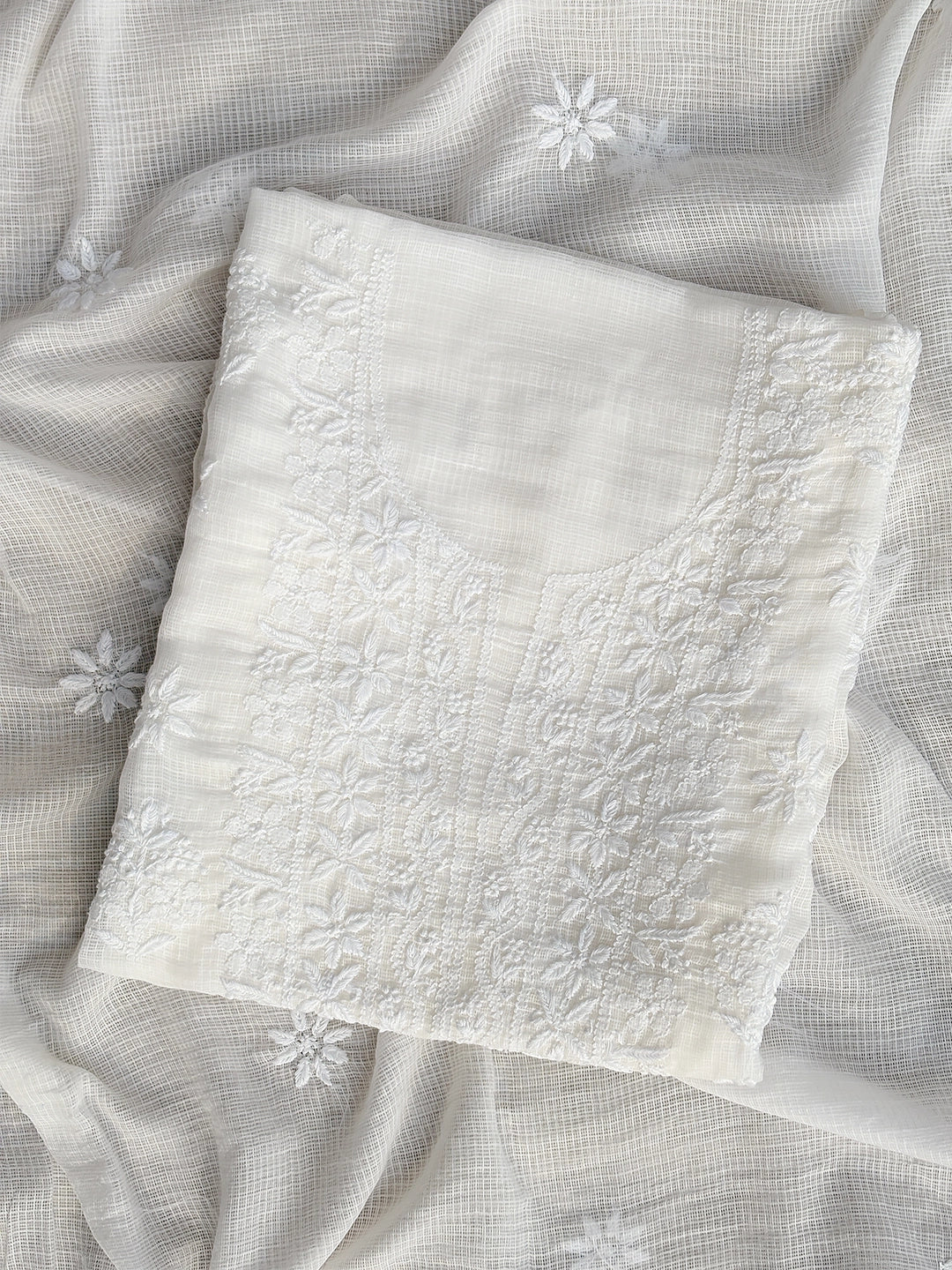 Eshani Kota Cotton Chikankari Un-stitched Kurti Piece with Dupatta - White